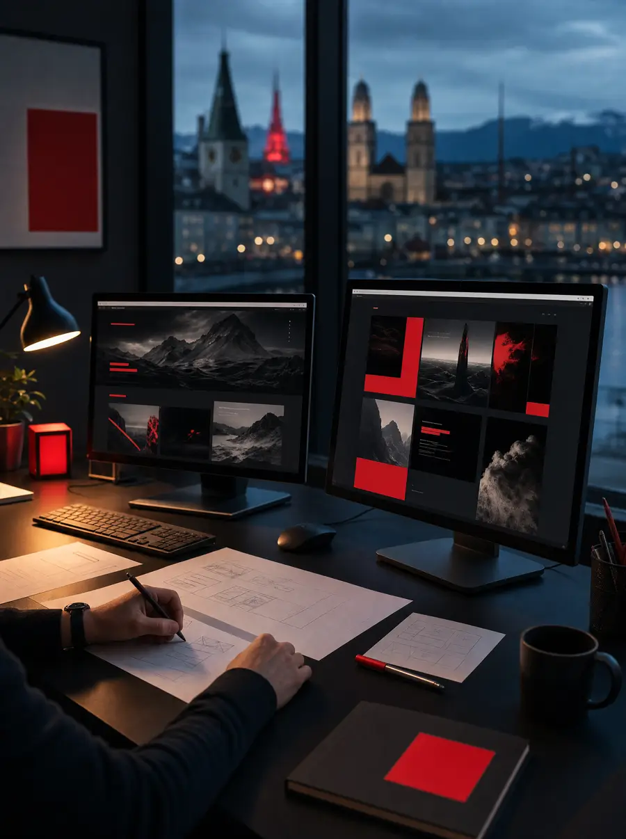 Web-Design-Studio bei Nacht mit Blick auf Zürich