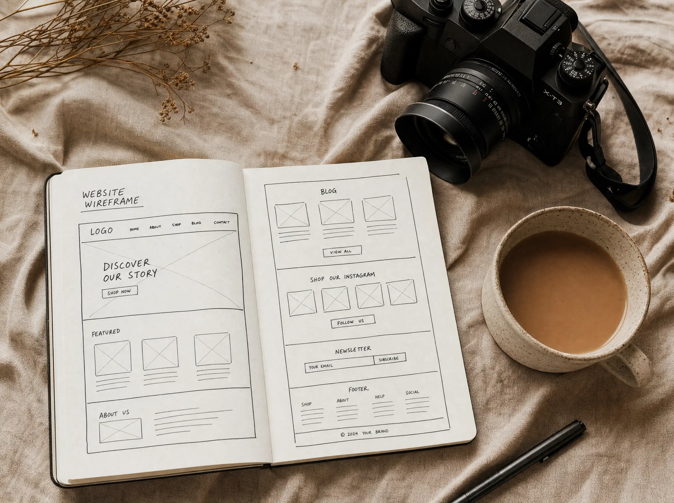 Content-Produktion: Wireframe-Skizzen, Kamera und Notizen am Arbeitsplatz