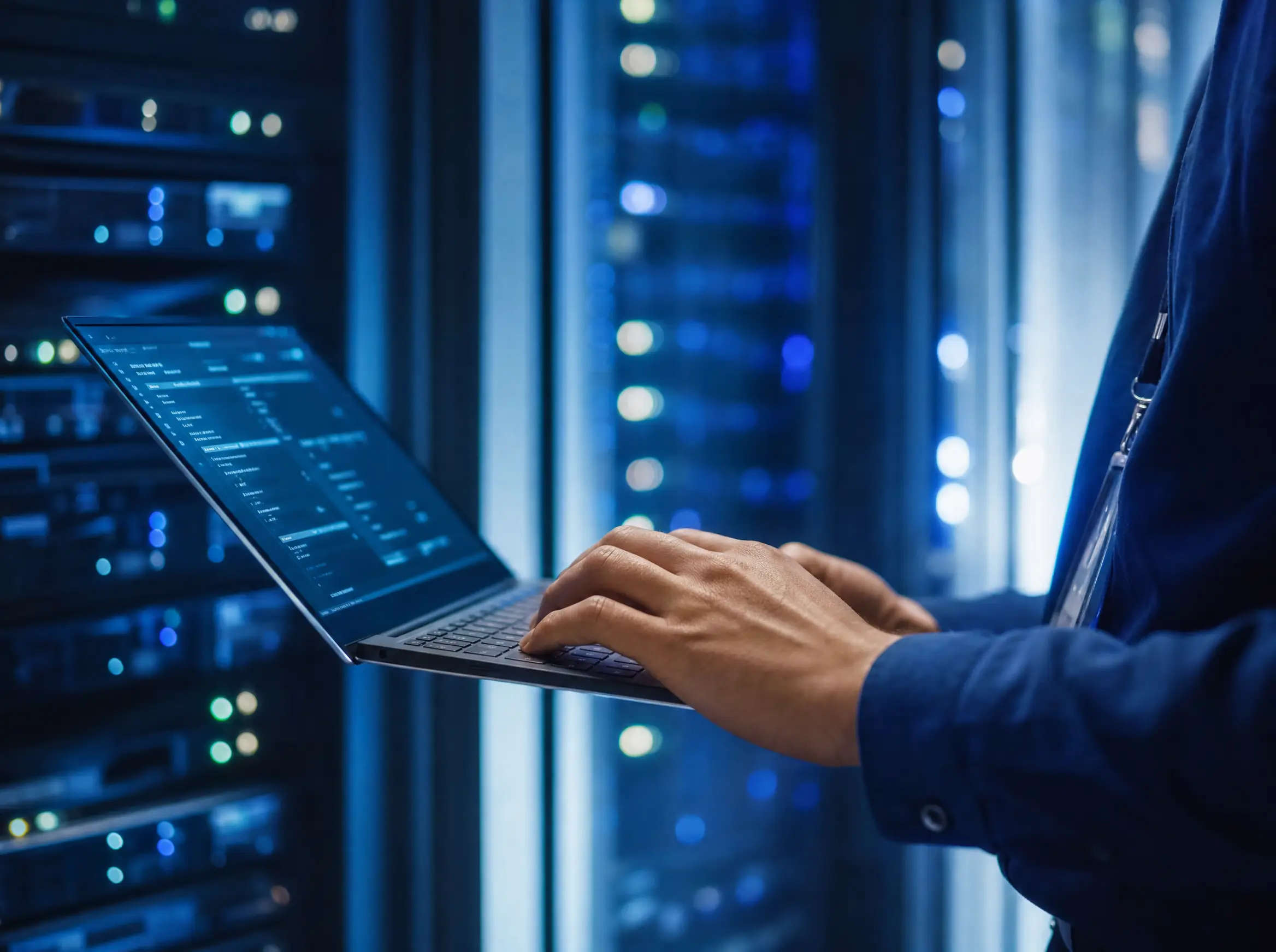 Wartung und Monitoring: Laptop vor Server-Racks